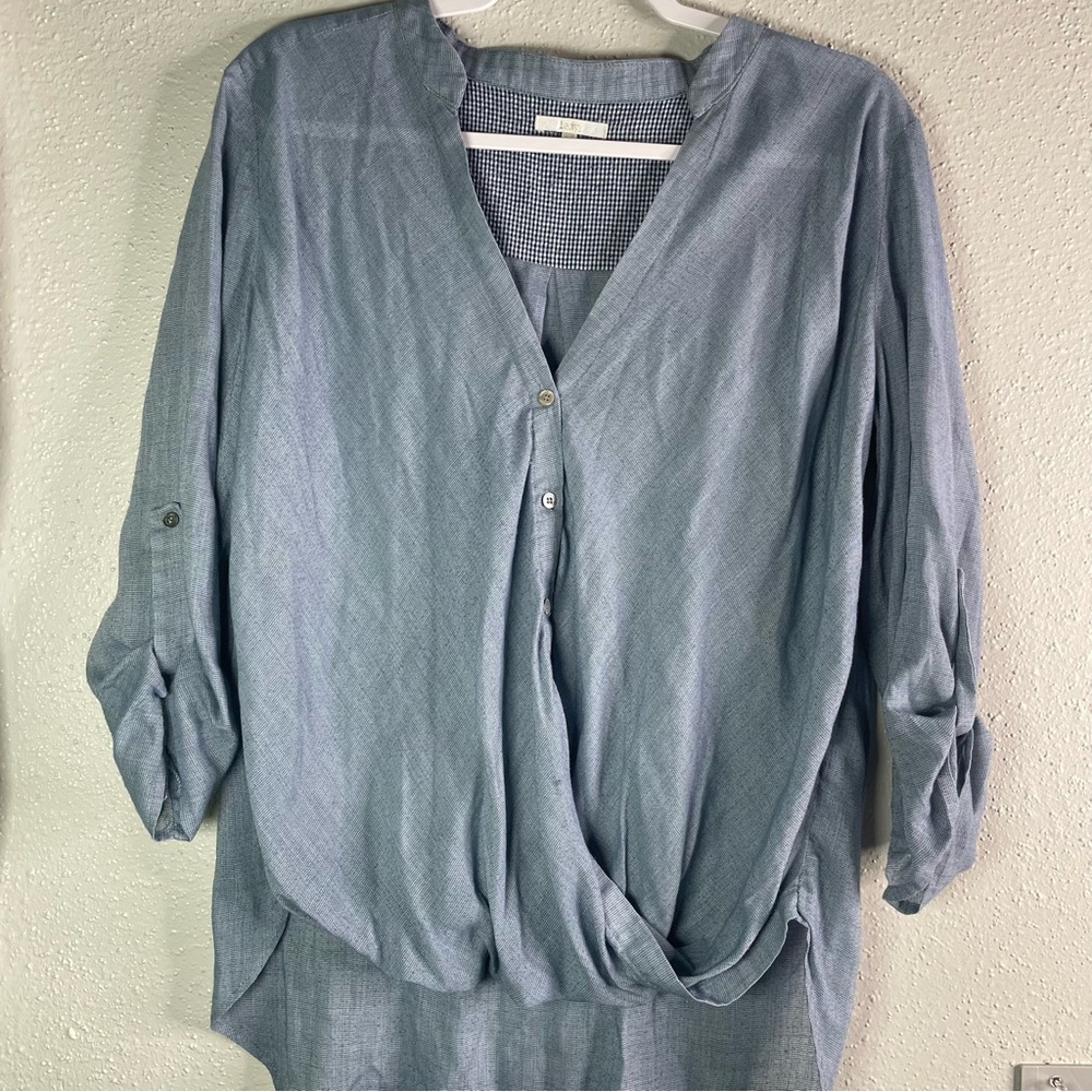Blue and Gray Cuffed Sleeve Blouse with Mandarin Collar and Tie Front